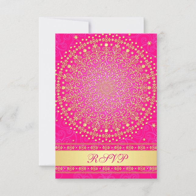 Intricate Pink, Gold Scrolls Wedding RSVP Card (Vorderseite)