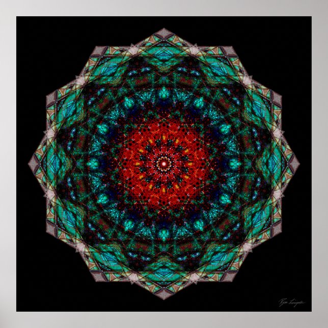 Intricate Red Turquoise Geometric Mandala Art Poster (Vorne)