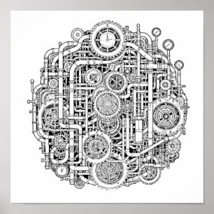 Intricate Steampunk-Dekorationsschablone Linienkun Poster
