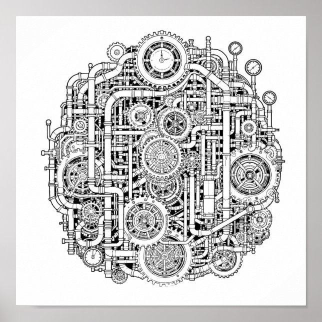 Intricate Steampunk-Dekorationsschablone Linienkun Poster (Vorne)