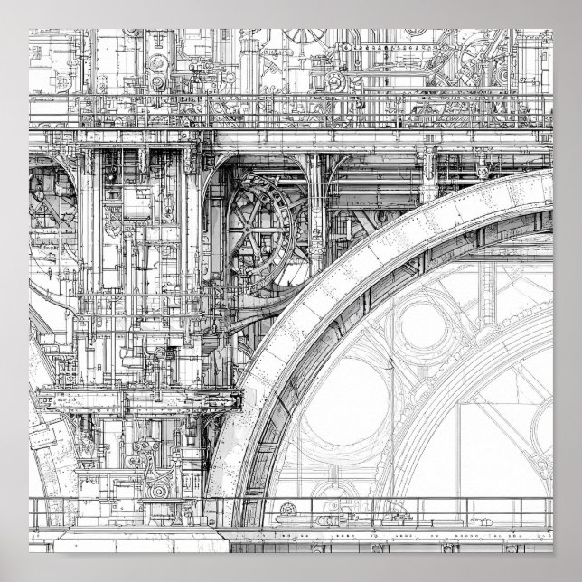 Intricate Steampunk Scaffolding Technical Line Art Poster (Vorne)