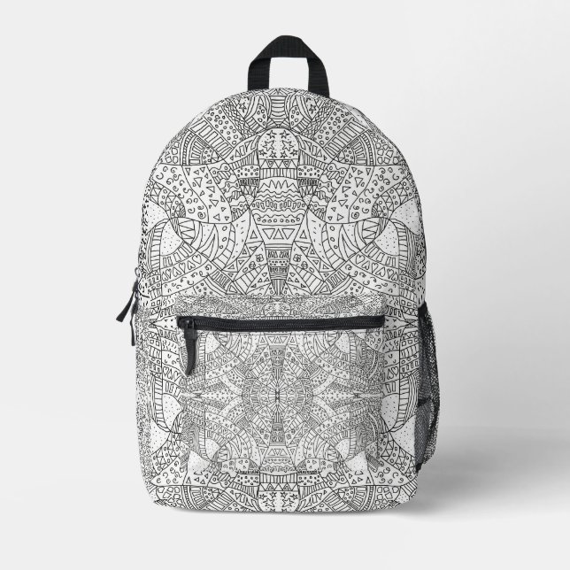Intricate Symmetrical Doodle Mandala Black & White Bedruckter Rucksack (Vorderseite)