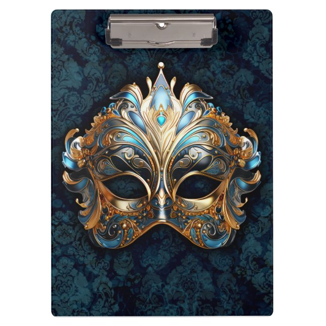 Intricate Teal and Golden  Mask Klemmbrett (Vorderseite)