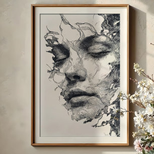 Intricate Träume: Monochromes Linienkunstporträt Poster