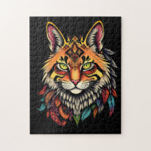 Intricate Tribal Cat Puzzle mit bunten Federn