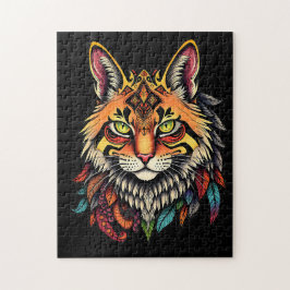 Intricate Tribal Cat Puzzle mit bunten Federn