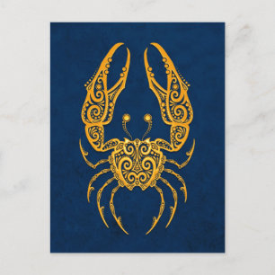 Intricate Yellow Cancer Zodiac auf blau Postkarte