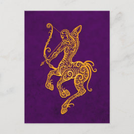 Intricate Yellow Sagittarius Zodiac auf Lila Postkarte