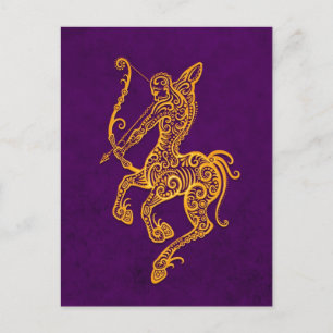Intricate Yellow Sagittarius Zodiac auf Lila Postkarte