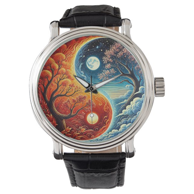 Intricate Yin-Yang-Symbol zeigt Feuer, Wasser Armbanduhr (Vorderseite)