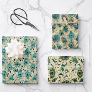 Intricated Peacock Feather Vintag Motif Geschenkpapier Set