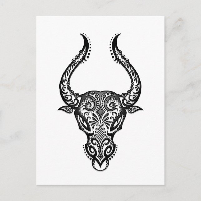 Intricated White Taurus Zodiac auf schwarz Postkarte (Vorderseite)