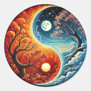 Intricates Yin-Yang-Symbol, das Feuer und Wasser z Runder Aufkleber