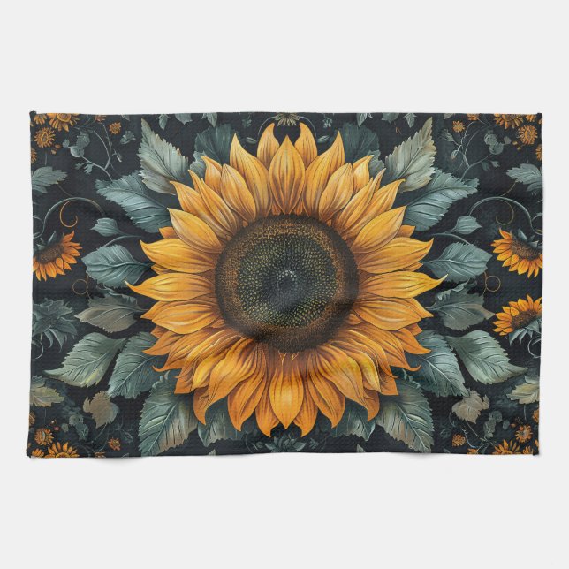 Intricentierte Sonnenblume Botanische Kunst Geschirrtuch (Horizontal)