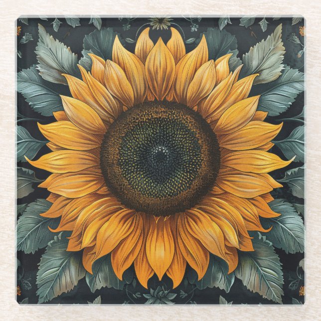 Intricentierte Sonnenblume Botanische Kunst Glasuntersetzer (Vorderseite)