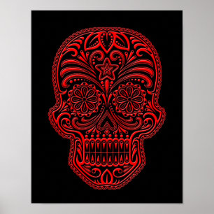 Intricentierter Red Sugar Skull auf schwarz Poster
