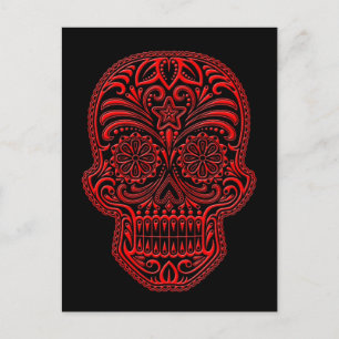 Intricentierter Red Sugar Skull auf schwarz Postkarte