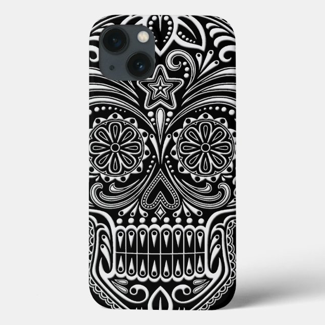 Intricentierter weißer und schwarzer Zuckerschädel Case-Mate iPhone Hülle (Rückseite)