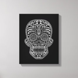 Intricentierter weißer Zuckerschädel auf schwarz Leinwanddruck