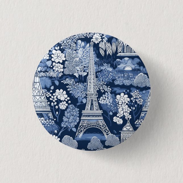Intricentiertes Pariser Eiffelturm Blue Toile Abze Button (Vorderseite)