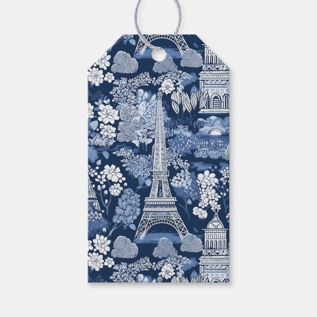 Intricentiertes Pariser Eiffelturm Blue Toile Geschenkanhänger (Vorderseite)