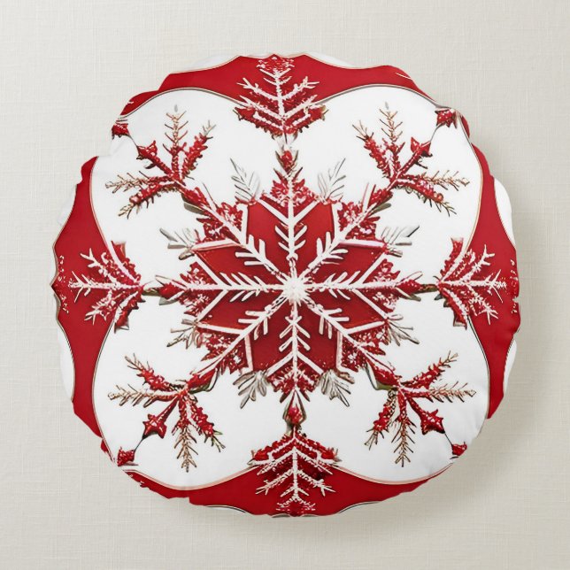Intricses Red Snowflake Design Rundes Kissen (Vorderseite)