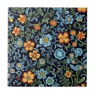 Intrigante Blumenkunst: Blaue und orangefarbene Bl Fliese
