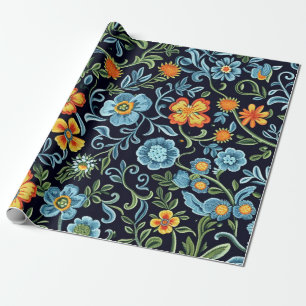 Intrigante Blumenkunst: Blaue und orangefarbene Bl Geschenkpapier
