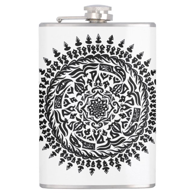 Intrigante Stammes-Mandala-Geometrie-Flasche Flachmann (Vorderseite)