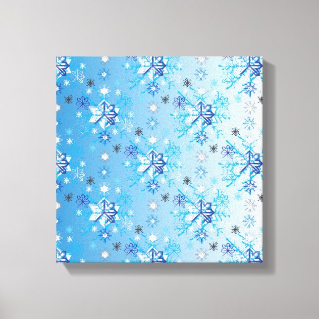 Intrikierte blaue und weiße Sterne und Schneeflock Leinwanddruck (Vorderseite)