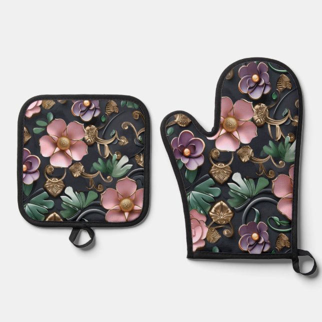 Intrikierte Blume auf schwarz Ofenhandschuh & Topflappen-Set (Vorderseite)