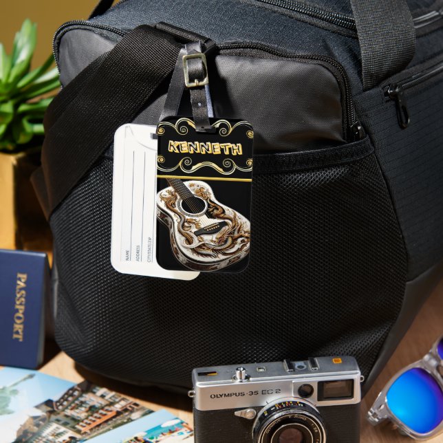 Intrikiertes Gitarrendesign mit Drachendetails Gepäckanhänger (Vorderseite & Rückseite)