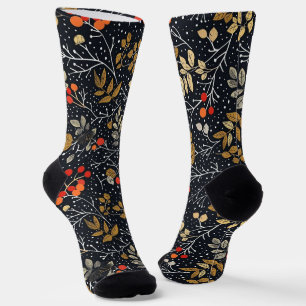 Intrikiertes Leaf- und Berry-Muster auf schwarz Socken