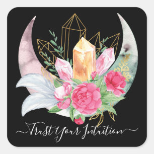 Intuition Kristalle Mond Federn Blumen Boho Quadratischer Aufkleber