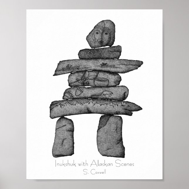 Inukshuk mit Alaskan Scenes Dotwork Art Poster (Vorne)