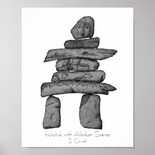 Inukshuk mit alaskischer Szenen dotwork Kunst Poster