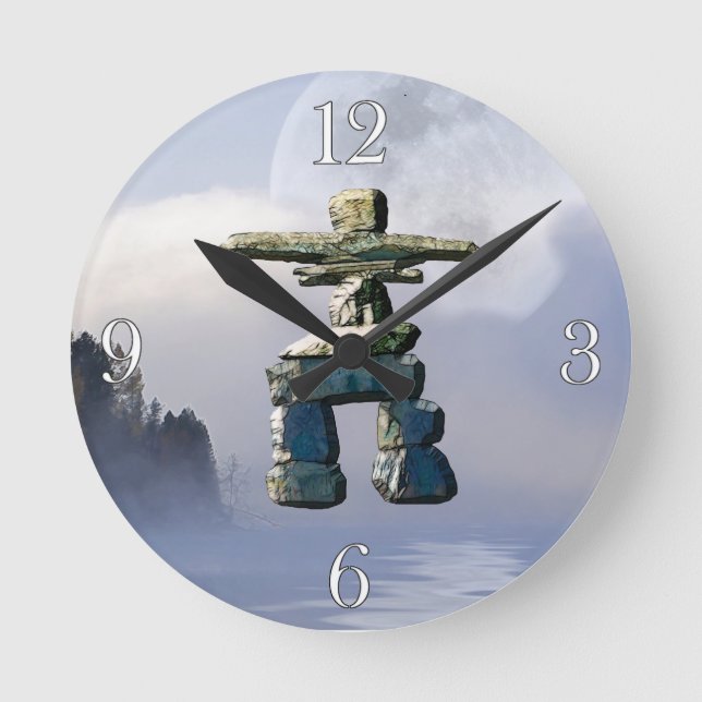 Inukshuk & Wilderness Moon Art Clock Runde Wanduhr (Vorderseite)