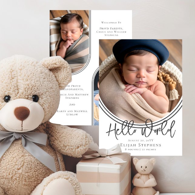 Inverted Arch Hello World Photo Birth Announcement Einladung (Simple Minimalist Modern Inverted Arch "Hello World" 3 Photo Birth Announcement)