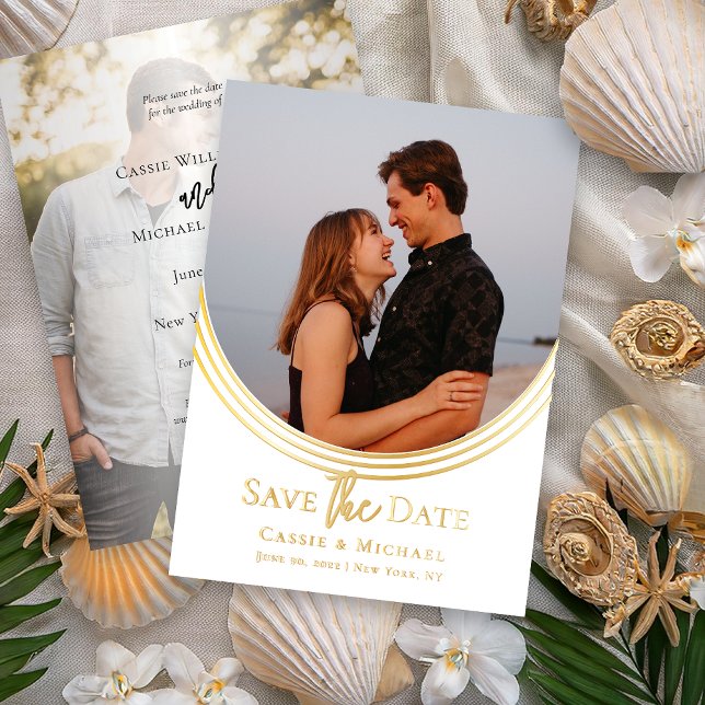 Invertierter zweier Foto Hochzeit speichern Sie da Folieneinladung (Inverted Arch Two Photo Wedding Foil Save the Date)