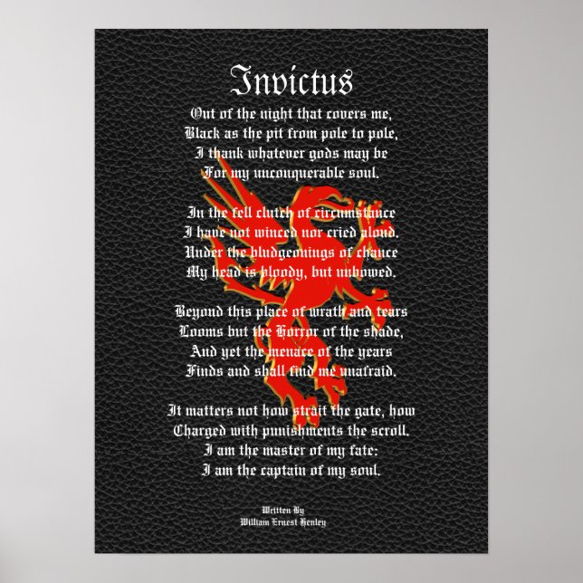 Invictus, inspirierendes Gedicht schwarz mit Gänge Poster (Vorne)