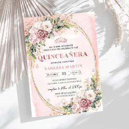 Invitación 15 Años Floral Rosa con Verde Eucalipto Einladung