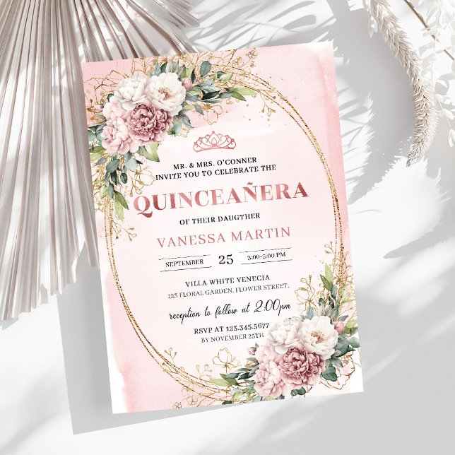 Invitación 15 Años Floral Rosa con Verde Eucalipto Einladung (Sparkling Blush Pink Flowers Eucalyptus 15th Birthday Invite

)