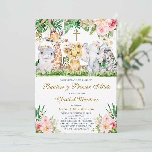 Invitación Bautizo y Primer Cumpleaños Jungla Invi Einladung (Stehend Vorderseite)