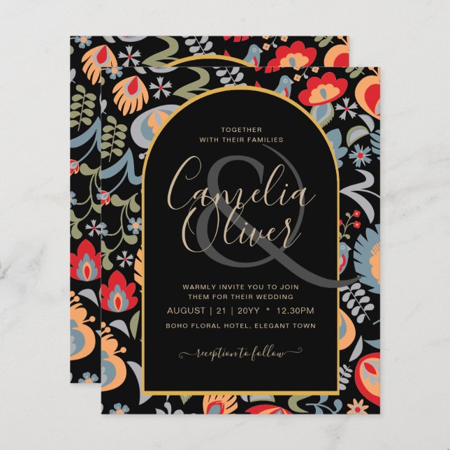 invitación bilingüe de boda de flores populär, (Vorne/Hinten)