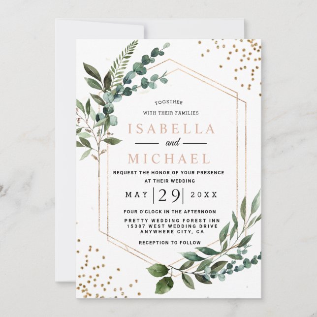 Invitación Boda Eucalipto Geométrico Rústico y Einladung (Vorderseite)