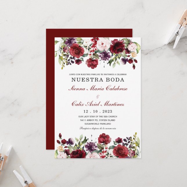 Invitación boda marsala en español einladung (Vorderseite/Rückseite Beispiel)