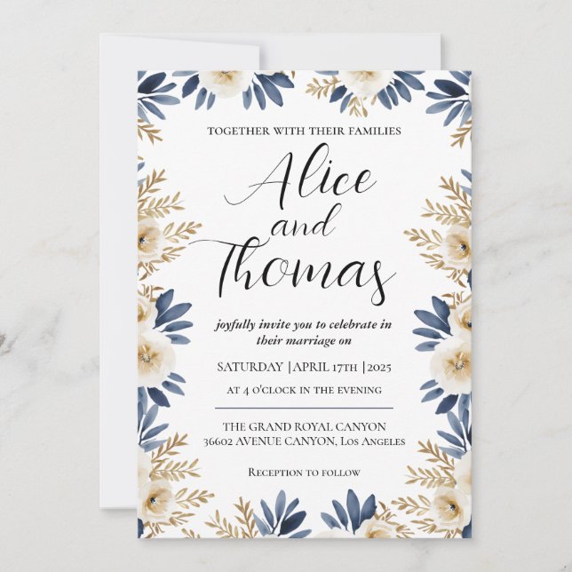 Invitación Boda Primavera Elegante Floral BlueGold Einladung (Vorderseite)