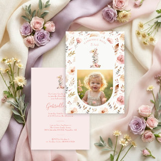 Invitación Boho Floral Number 1 Pink First Birthda Einladung