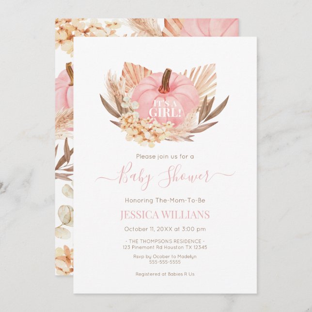 Invitación Boho Pampas Pumpkin pink baby shower Einladung (Vorne/Hinten)