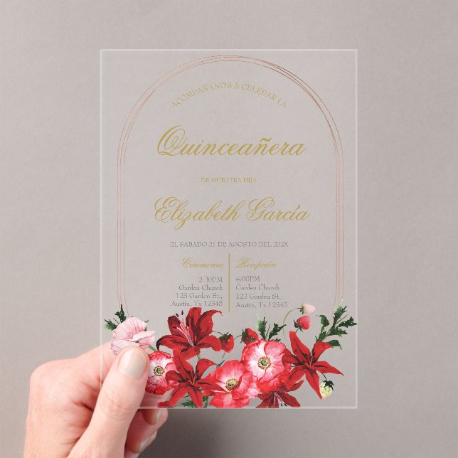 Invitación con flora roja para quinceañera acryleinladungen (Insitu (Handheld))